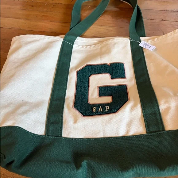 NWT GAP Cream Canvas Tote Bag with Green Accents - Picture 2 of 7